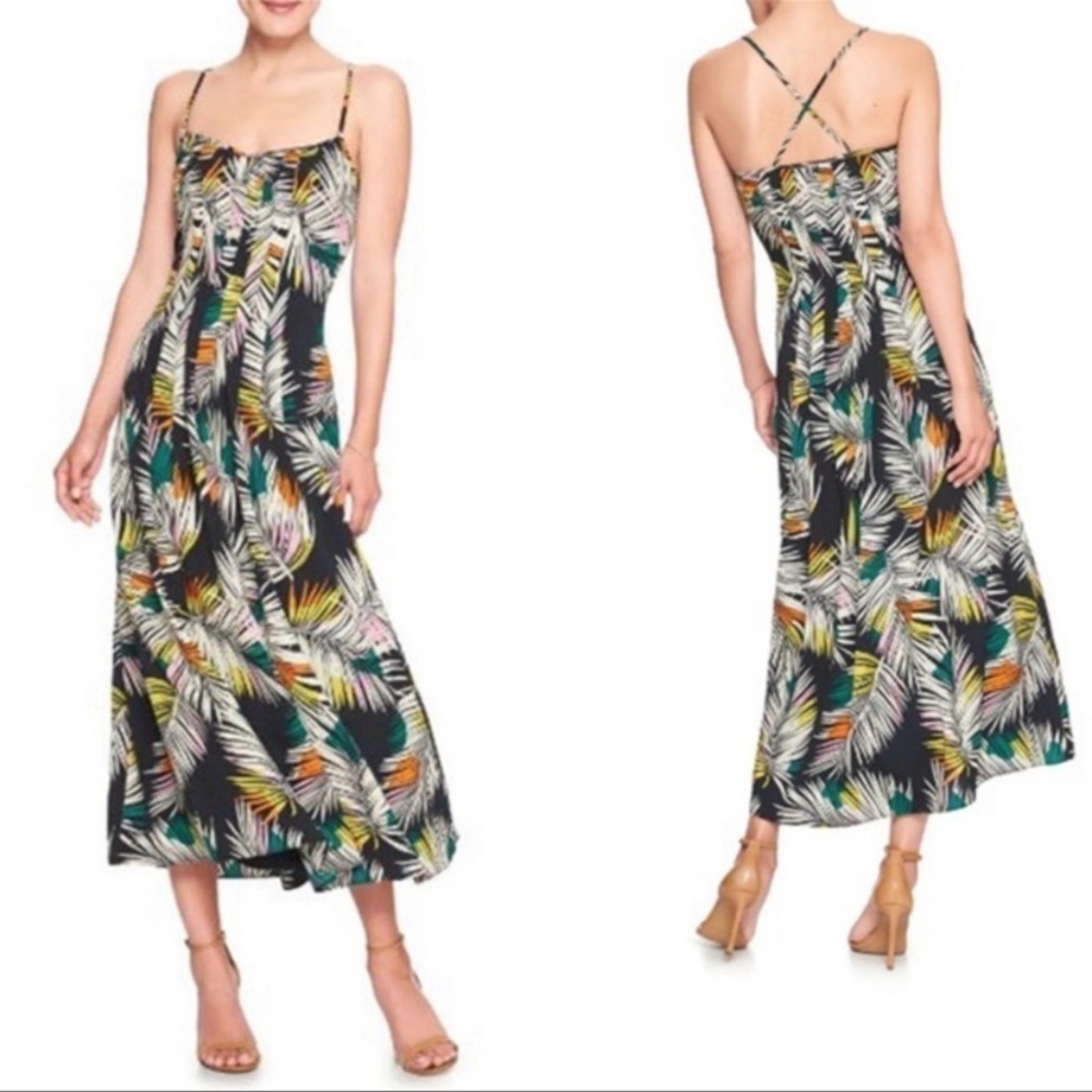 Banana Republic Palm Print Pleated Strappy Dress EUC